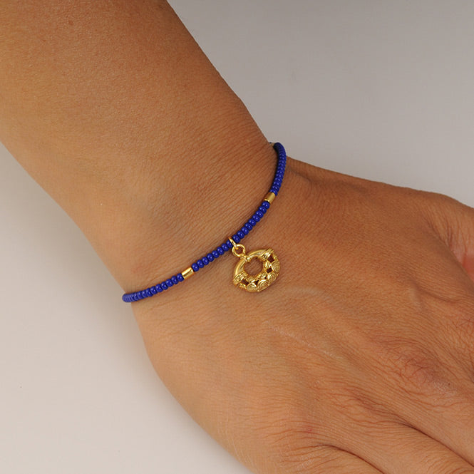 Mini Royal Blue Czech Beads Bracelet with Calima Nose Ornament Charm