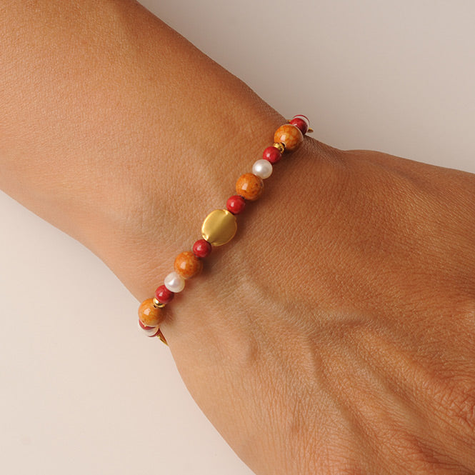 Brown Fossil, Red Fossil and Pearl Semiprecious Stones Bracelet