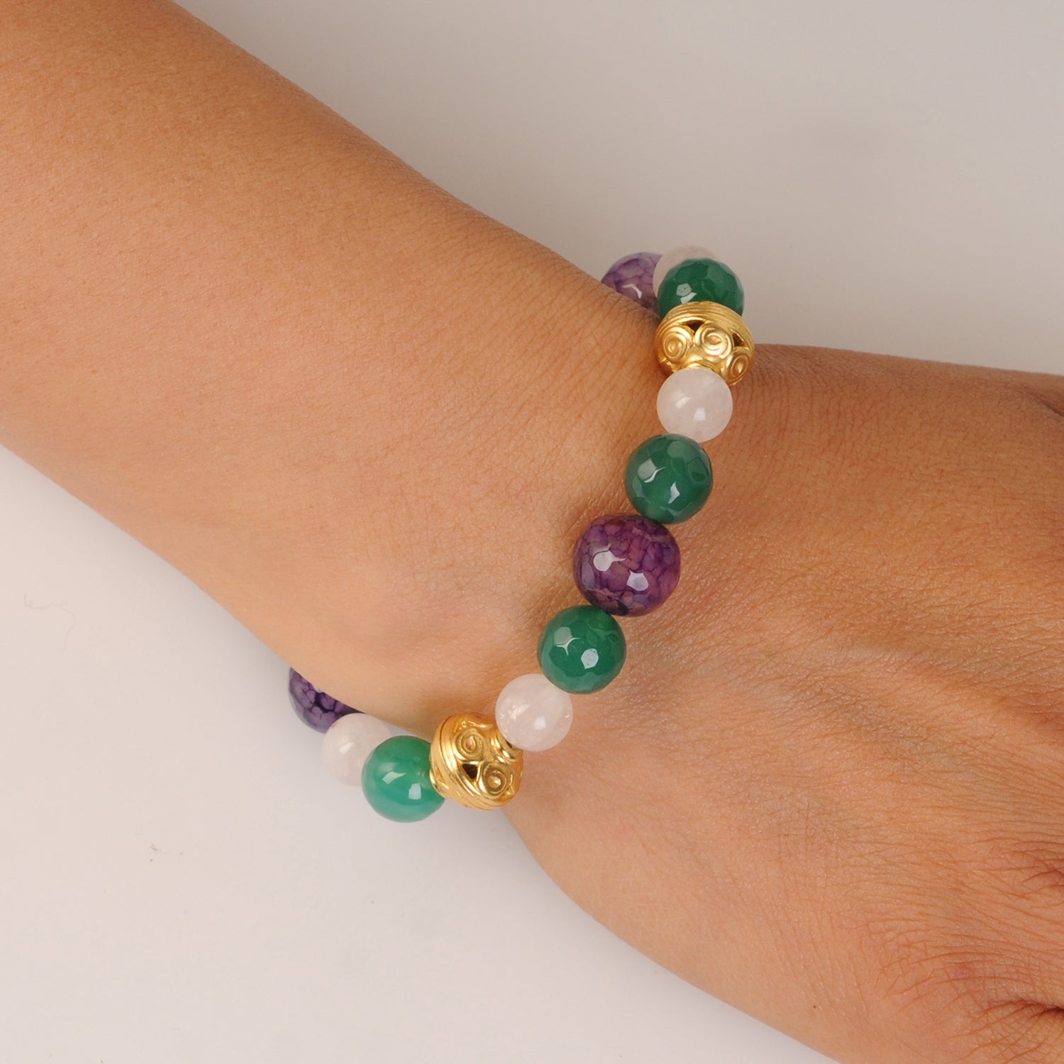 Purple and Green Agates, Rose Quartz Semi-precious Stones Bracelet