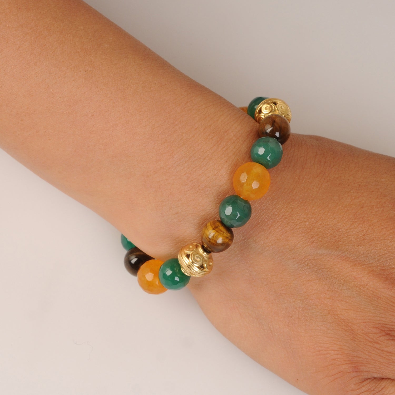 Yellow and Green Agates, Tiger Eye Semiprecious Stones Bracelet