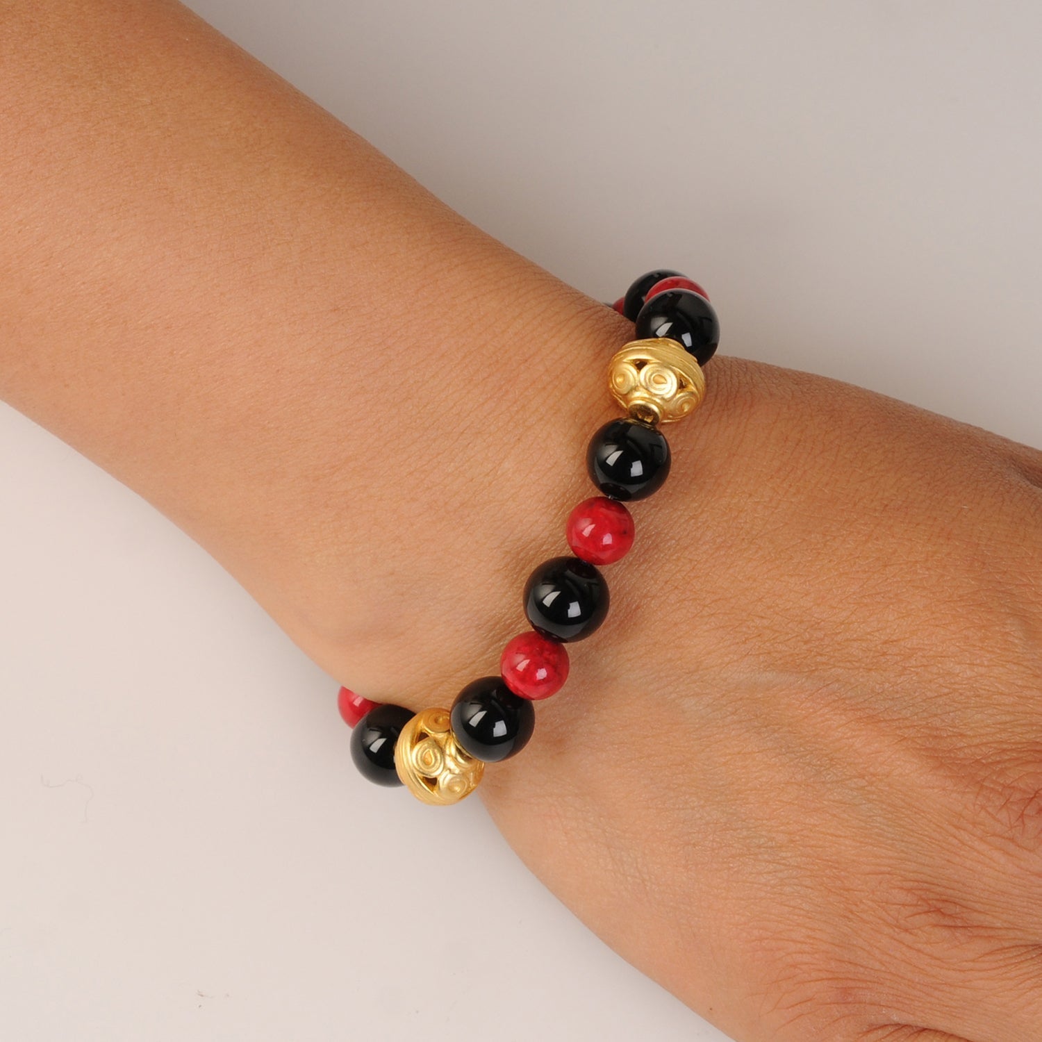 Onyx and Red Fossil Semiprecious Stones Bracelet